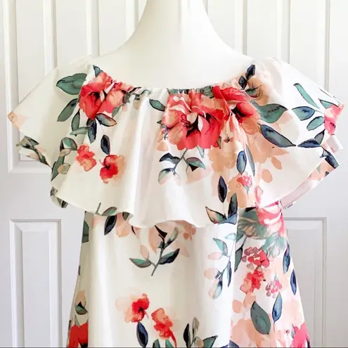 Adrienne Dress Tropical Floral On Off Shoulder Ruffle Neckline Sleeveless Small