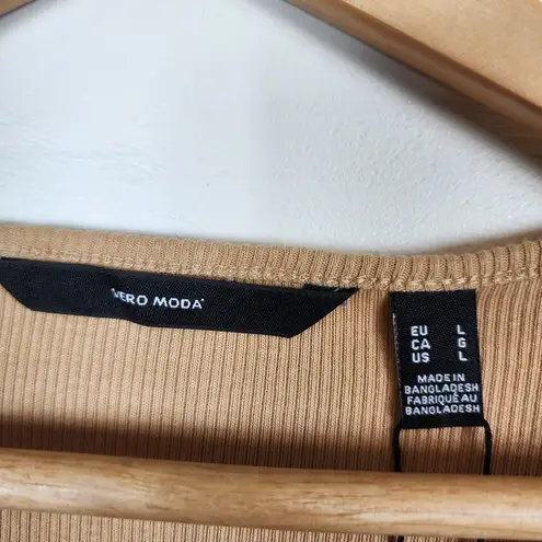 VERO MODA Dress Large Tan Ribbed Short Sleeve Mini Organic Cotton Stretch NWT