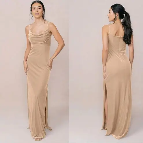Revelry Skye Velvet Bridesmaid Gown Women’s Size 4 Champagne Slit Formal Dress Tan