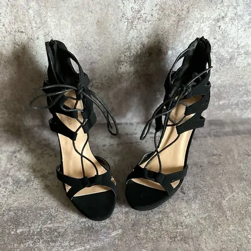Top Moda Strappy Stiletto Lace Up Heels Black 8.5 Nubuck Party