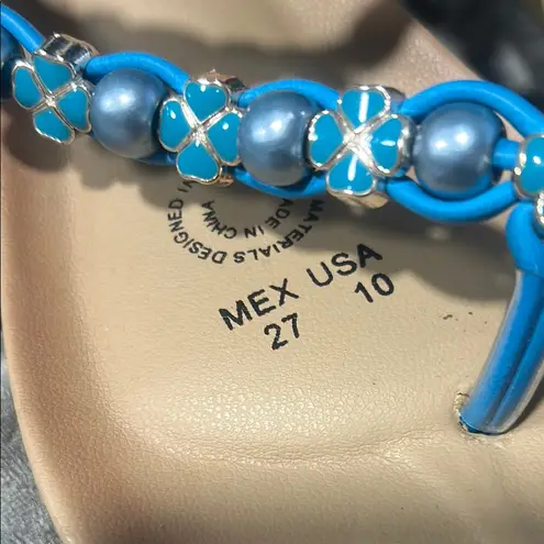 Vittorio D’ Firenze Blue and Tan Beaded Sandals with Ankle Strap made in Italy Size 10