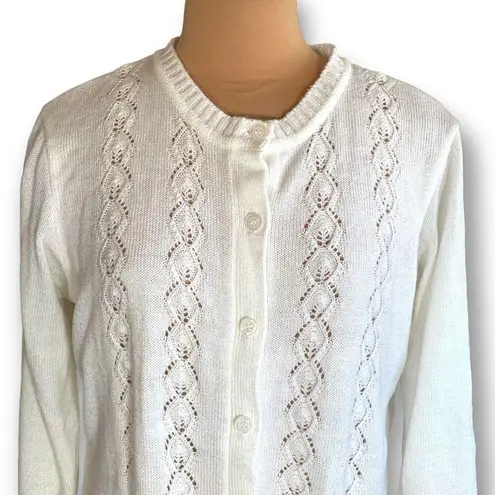 Vintage 90s Off White Knit Cardigan Sweater Crochet Diamond Pattern Long Sleeve Size L - Image 2