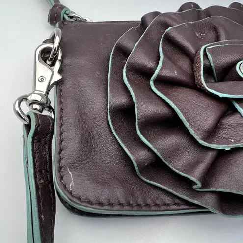 ILI New York Leather Wristlet Wallet Clutch Dark Brown Plum Rosette