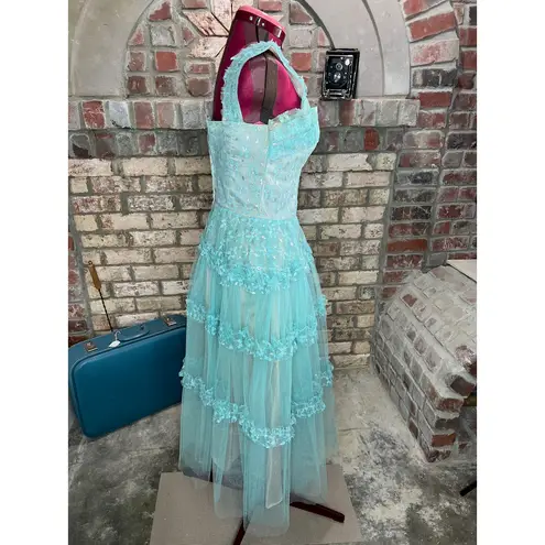 formal dress prom 1950s floral princess tulle aqua blue Green
