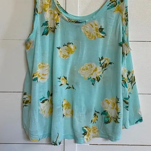 Talula Artizia Pale Turquoise Yellow Rose Print Soft Tank Top - M EUC