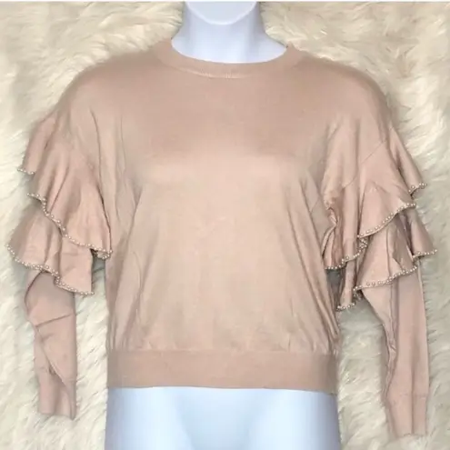 Stellah Pearly Trim Ruffle Sleeve Sweater Light Pink Peach Size Large NWT Tan