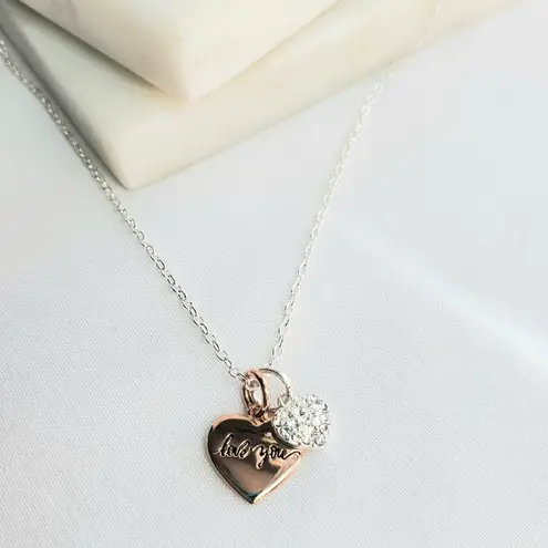 DOUBLE Heart necklace chain embossed "Love You" Gold and Silver Tone w/ CZ