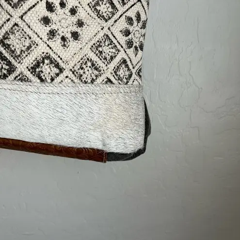 Myra Tessellated Rug Calf Hair Leather Canvas Shoulder Tote Adjustable Strap Bag White