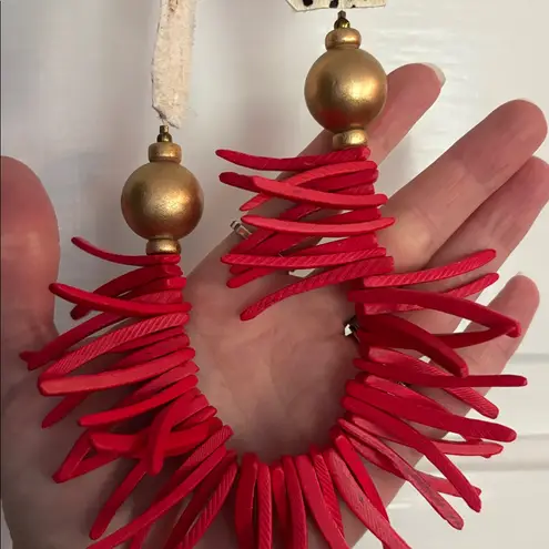 Red and Gold Beaded Necklace with Patterned Leather Strap