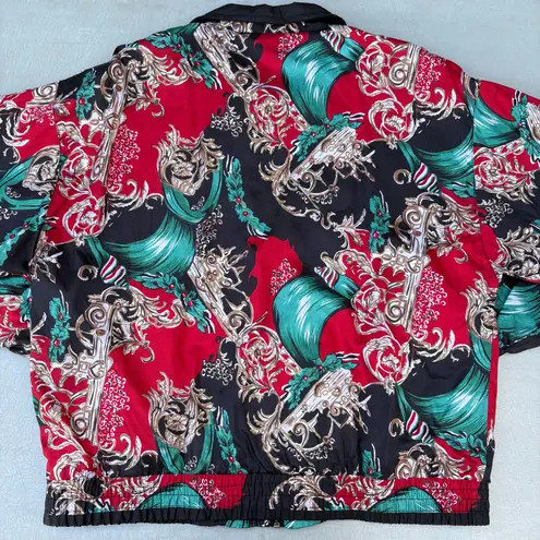 Pinstripe Petites Vintage Red Green Christmas Zip Up Windbreaker Bomber Jacket