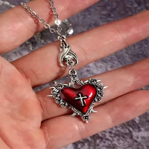 Bat Heart Cross Necklace Red Enamel Gothic Thorn Rose Pendant Halloween New 18in