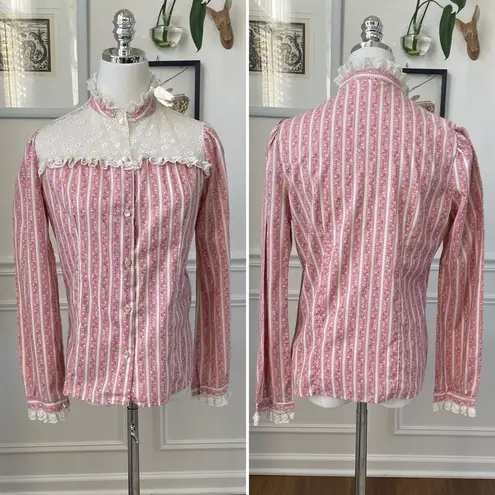 Vintage 70s Cottage Core Country Bicentennial Blouse Calico Lace S Pink
