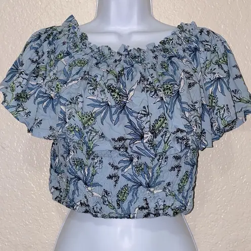 Tiare Hawaii  Off Shoulder Floral Blue Smocked Crop Top O/S