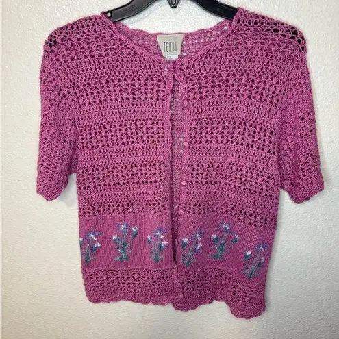 Vintage cardigan crochet pink floral Needlepoint Teddi prairie Cottagecore Size M