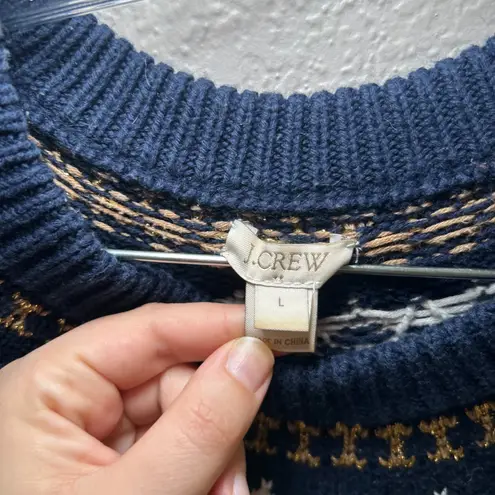 J Crew Navy Fair Isle Sweater Women's L Green Blue Gold Sparkle Knit holiday Size L