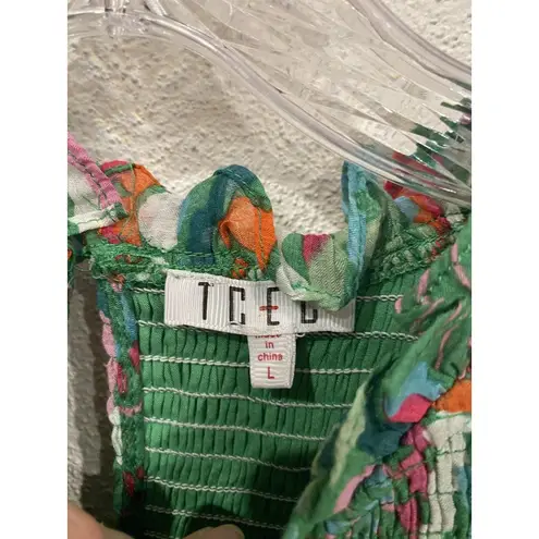 TCEC Blouse Womens Large Green Multicolor Smocked Boho Puff Sleeve Floral Top