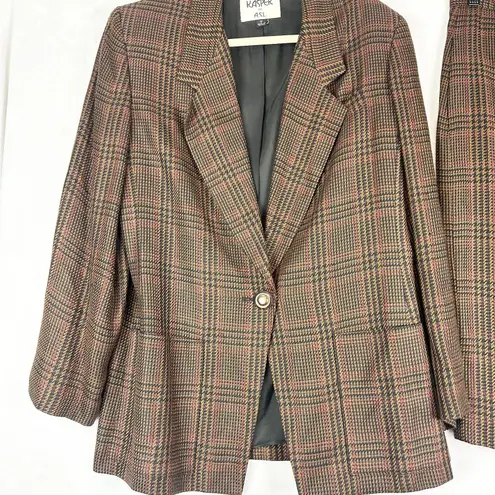 Vintage Houndstooth Plaid Blazer Skirt Suit Size 6 Two Piece Old Money Preppy Brown