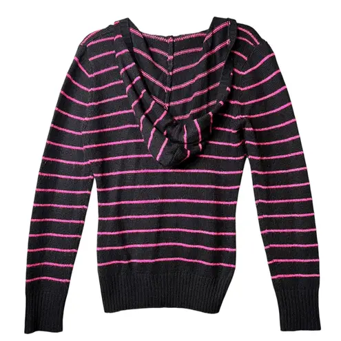 Hooded Sweater Womens Large Black Pink Striped Knit V Neck Kangaroo Pocket Soft