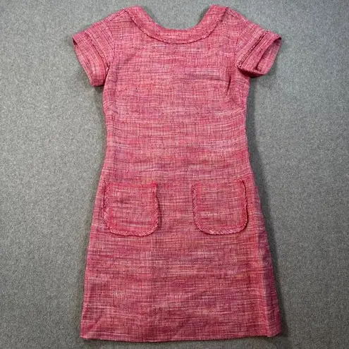 W By Worth Pink Tweed Shift Dress Women's 0 Short Sleeve High Neck Linen Blend