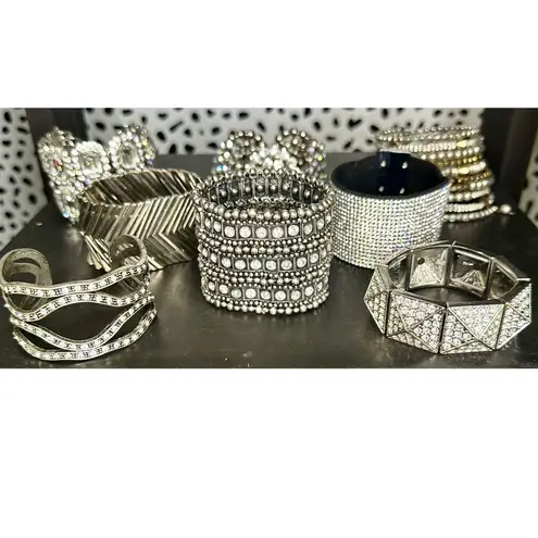 Silver and Gold Tone Statement Rhinestone Sparkle Party Evening Bracelet Lot Set