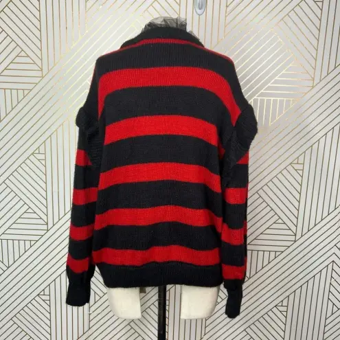 ZARA  Striped Sweater with Tulle Neck Red‎ Black Size Medium