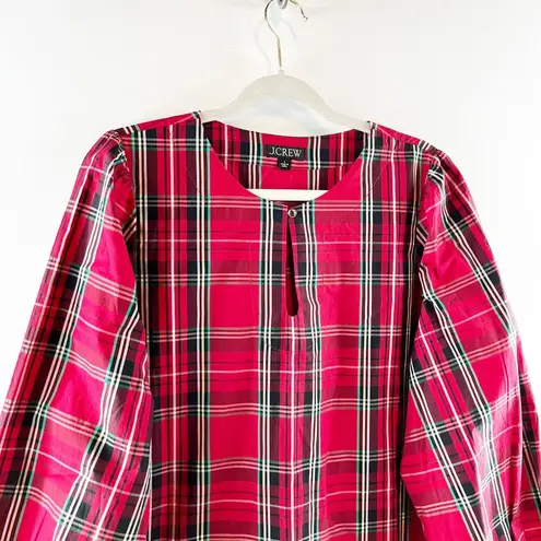 J.Crew  100% Cotton Tartan Plaid Puff-Sleeve Keyhole Poplin Blouse Red Large