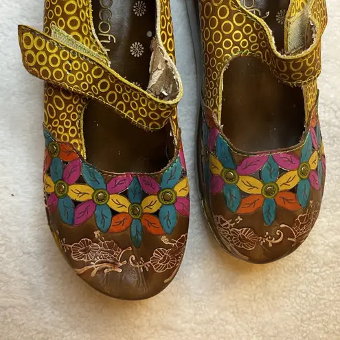 Socofy Leather 7 Mary Jane Shoe Flower Embossed Blue Yellow Green Platform Brown
