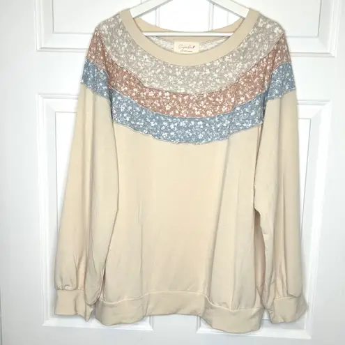 Sugarfox Floral Patchwork Seam Stitch Long Sleeve Casual Sweatshirt Top 1XL Tan Size 1X