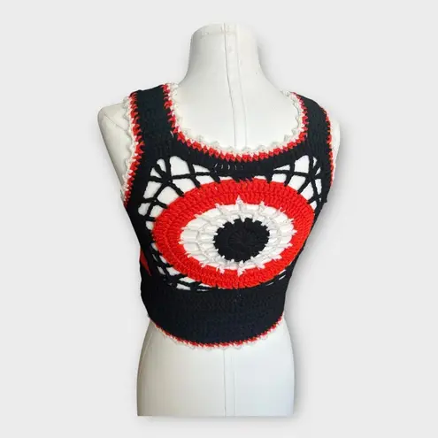 Handmade Vintage 70s Crochet Crop Top Hand Made Hippie Indie Festival Black & Orange sz S