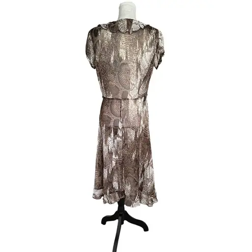 Vintage Y2k 90S Snakeskin Animal Print Ruffles Midi Dress Sheer Shoulder Pads 10 Brown Size undefined
