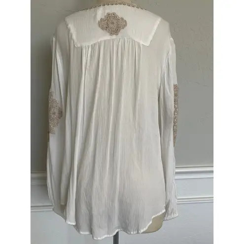 SUNDANCE Palace Pathway Tunic Ivory Gold Embroidered Tassel Tie Lace