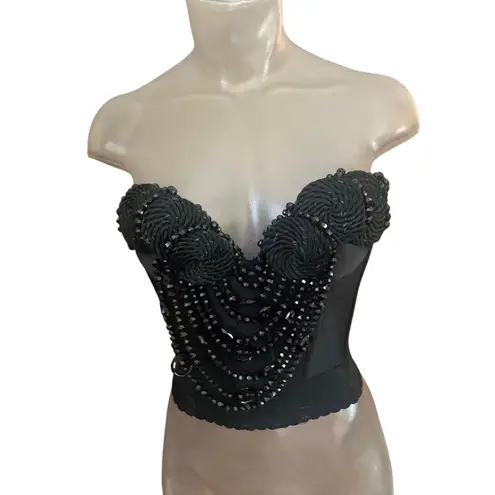 Vintage 70s Black Beaded Bustier UNION MADE Corset Size 34B BURLESQUE SEXY