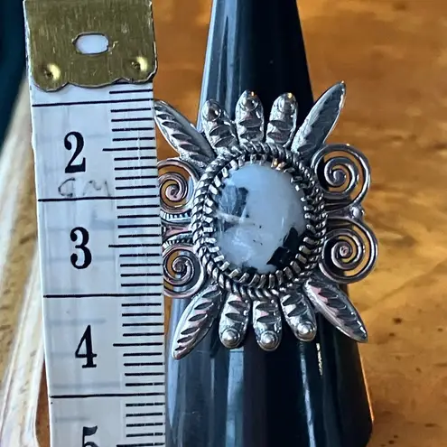 White Buffalo Turquoise Sterling Silver Feather Ring Size 7