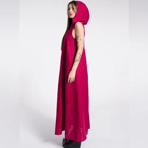 Aakasha Raspberry Red Linen Front Pleated Hood Sleeveless Lagenlook Maxi Dress Size XL