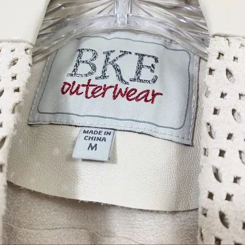 BKE Faux Leather Laser Cut Cream Cropped Open Draped Jacket