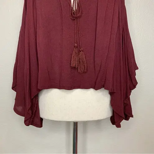 Sans Souci Boho Burgundy Cold Shoulder Tassels Bell Sleeves Top