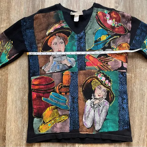 MARGUERITA Tea Time Vintage Theme Ladies Hats Gloves Black Sweater Painted Art Size M