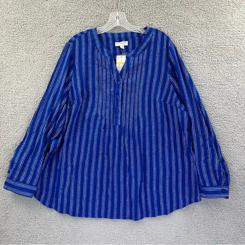 kim rogers NWT  Curvy Long Sleeve Button Down Shirt Cotton Blue Stripe Women's 1X