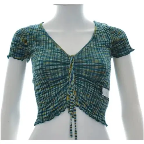 Arizona Jeans Arizona Jean Co Ruched Front V-Neck Ribbed Top Juniors Large Crop Fitted Blue