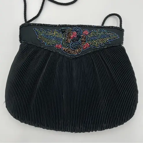 Vintage Beaded Purse Formal Small Bag Shoulder Strap Black Pleated Prom Cocktail