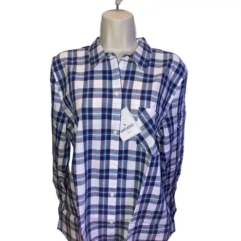 Women's Plus! Untuckit Button Down Bold Navy, Aqua, White Plaid "Sorbo" Size 16 Blue