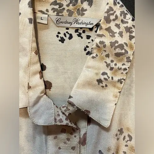 Courtney Washington Women's Large Blouse Linen Blend Animal Print MSRP $168 Brown