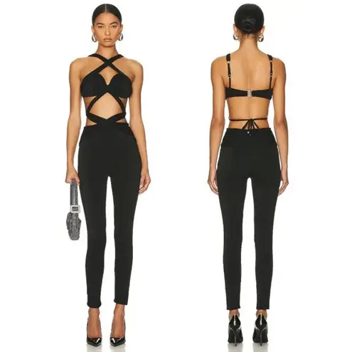 PatBO Lurex Cut Out Jumpsuit Black Strappy Cat Suit Size 4 $595 Black