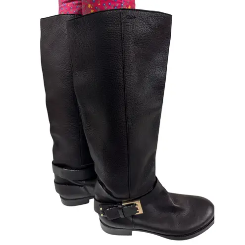 Chloé Black Pebbled Leather Riding Boots Gold Buckle Italy Women’s 39 EU 9 US