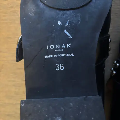 JONAK Paris Women's Black Leather Studded Fringe Loafer Flats Size 36