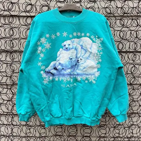 Vintage Alaska Polar Bear Winter Snowflakes Puff Print Sweatshirt Joy Campbell Blue Size XL