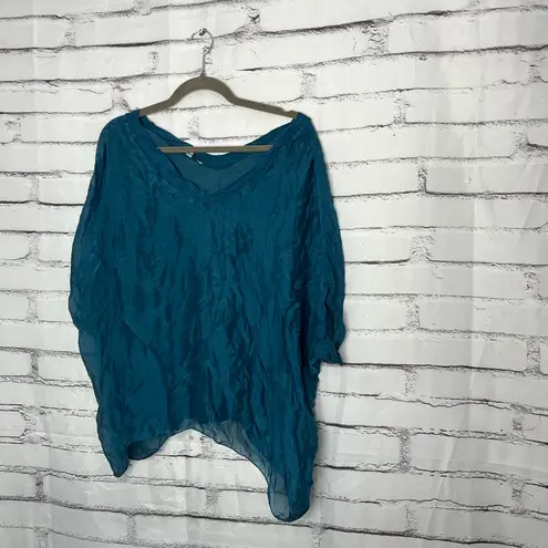 Tempo Paris Teal Crinkle V-Neck Tunic Top Women’s S Boho Oversized Asymmetrical