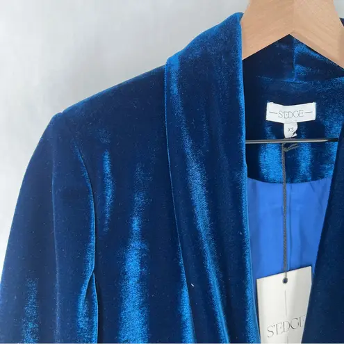 SEDGE Midnight Blue Velvet Womens Blazer Ruched 3/4 Sleeve 1 Button Size XS Blue