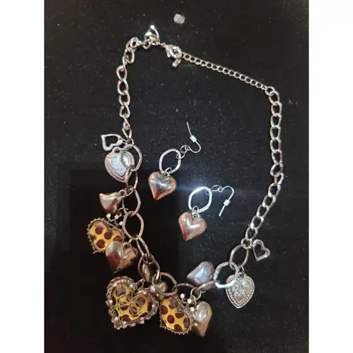 Womens Heart Charm Necklace And Earrings Set With Leopard Print And Lobster Lock