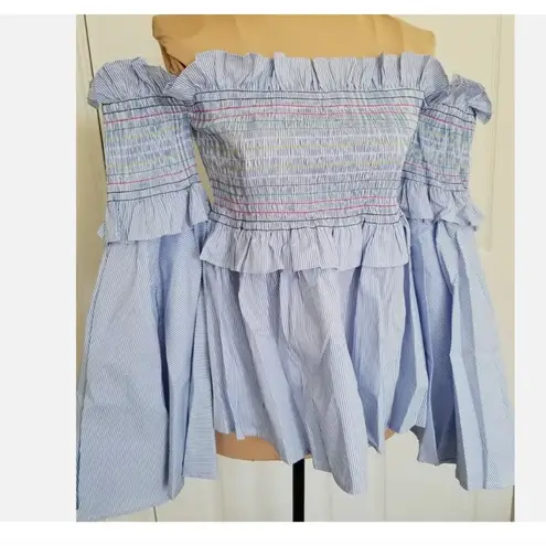 Central Park West Smocked Off the Shoulder Bell Sleeves Top Sz XS Blue White